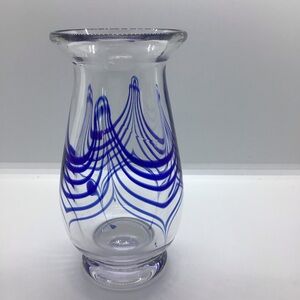 Vintage Hand Blown Blue Pulled Feather Thick Art Glass Vase
